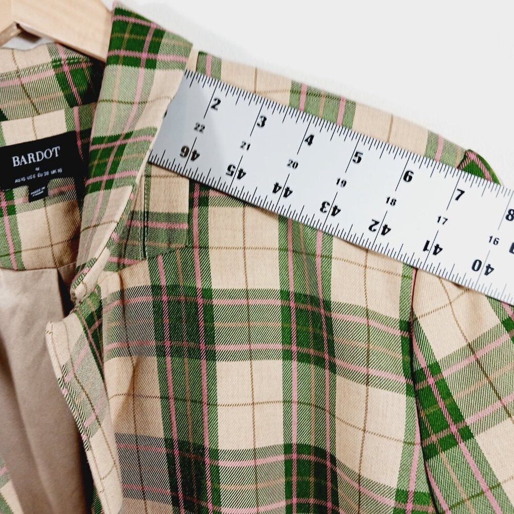 Bardot, Plaid Long Blazer Jacket Green & Soft Gold, Pink Highlight Medium Preppy - Picture 12 of 15
